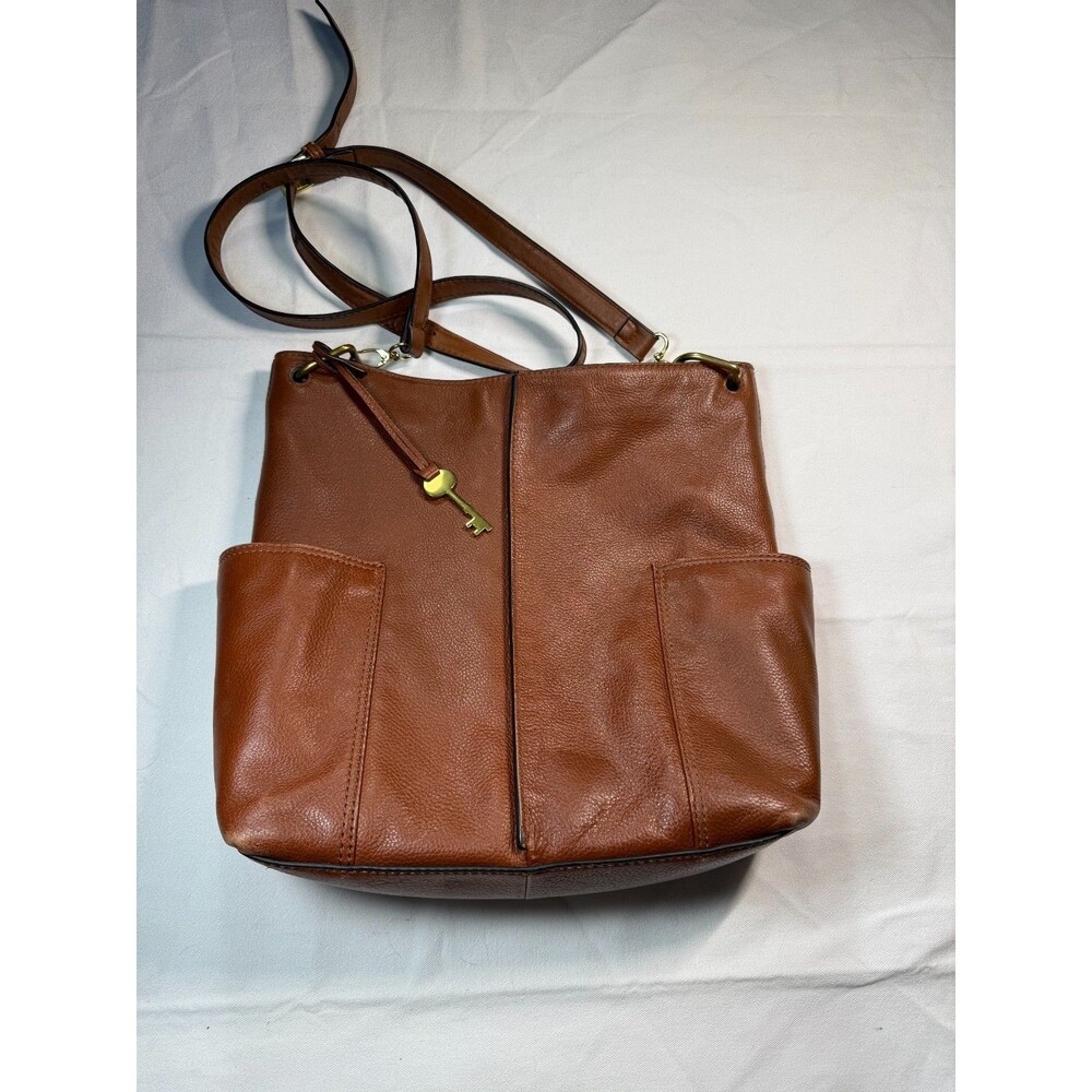 Fossil Brown Pebbled Leather Crossbody Bag Adjustable Strap Key Charm Hobo